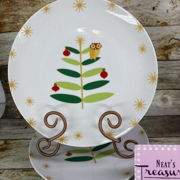 Rachael Ray HOLIDAY HOOT Christmas Tree Owl Stars Porcelain Dinner Plates Set 4 - Picture 1 of 16